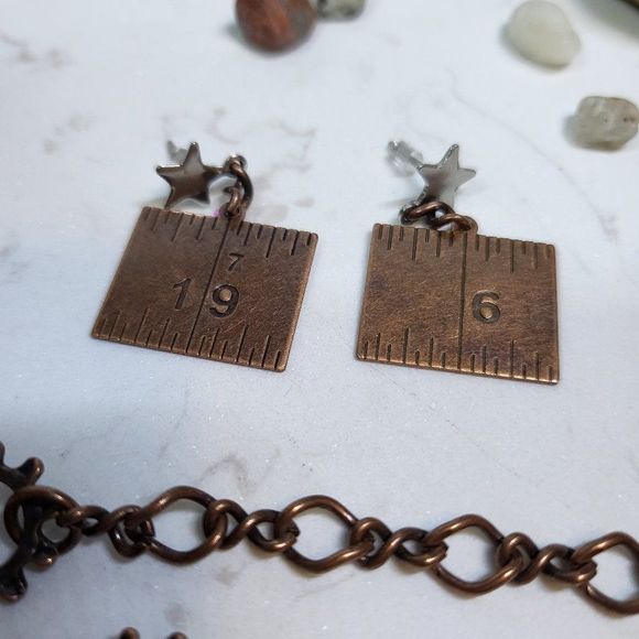 Handmade steampunk ruler earrings bracelet set - Picture 4 of 5